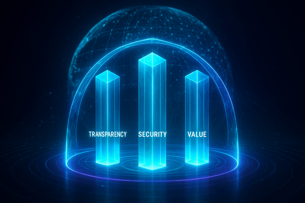 Three luminous pillars made of transparent light crystal, each labeled ‘Transparency,’ ‘Security,’ and ‘Value