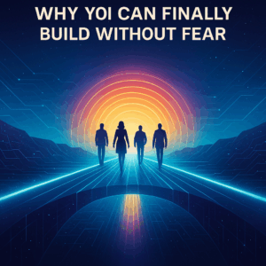 Futuristic bridge of light extending across a glowing digital canyon; entrepreneurs walking confidently toward a rising neon sunrise