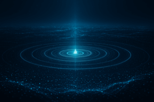 Vast ocean made of glowing digital particles, waves of light spreading outward from a single drop of energy; each ripple forms interconnected holographic rings