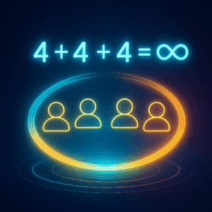 Holographic equation glowing in midair reading ‘4 + 4 + 4 = Infinity’; four radiant shopper icons forming a stable glowing ring
