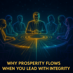 Circular table of light surrounded by diverse entrepreneurs, each figure outlined in neon; beams of golden energy flowing from the center outward; theme