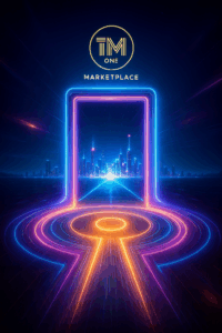 Futuristic doorway of light opening onto a glowing city of abundance; ‘One Marketplace’ emblem floating above the portal.
