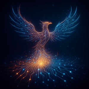 Digital phoenix rising from a luminous web of connected circuits; wings made of light strands linking hundreds of glowing points