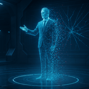 Holographic businessman fading into pixels on a futuristic stage, symbolizing broken trust and false integrity.
