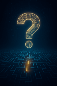 Golden question mark made of circuit lines above a cyber labyrinth, representing the wisdom of enlightened self-interest