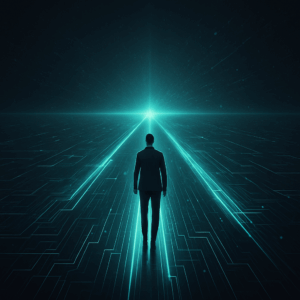 Entrepreneur standing before digital horizon choosing illuminated path of integrity.