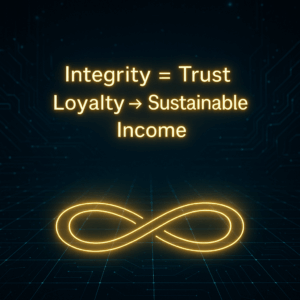 Holographic formula Integrity equals Trust equals Loyalty equals Sustainable Income glowing over infinity loop.